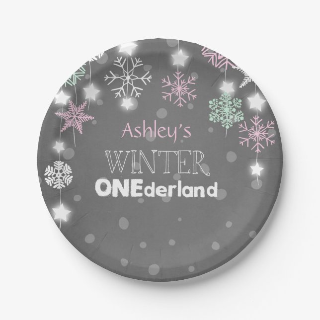 Winter onederland Birthday Plates Snowflakes Pink (Front)