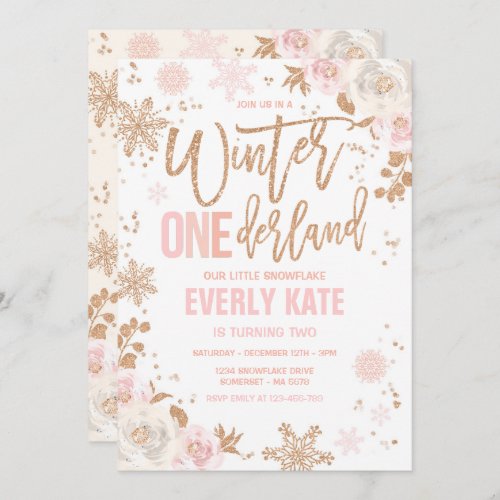 Winter ONEderland Birthday Rose Gold And Pink Invitation