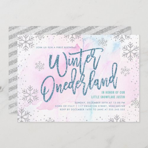 Winter ONEderland Birthday Silver Blue Glitter Invitation