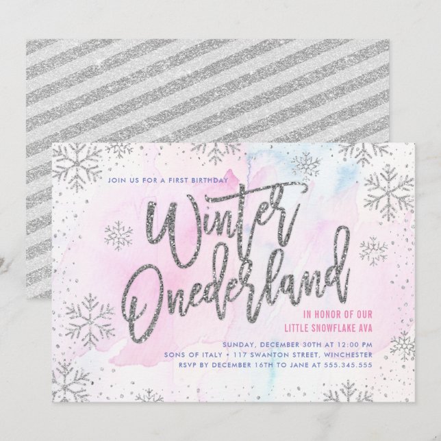 Winter ONEderland Birthday Silver Glitter Invitation (Front/Back)