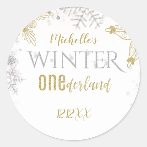 Winter Onederland Birthday Silver Gold Snowflake Classic Round Sticker