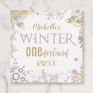 Winter Onederland Birthday Silver Gold Snowflake Favor Tags