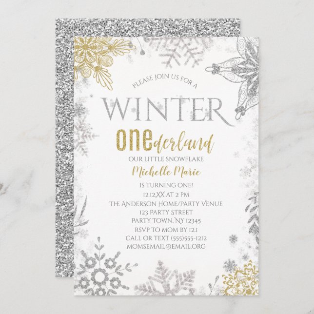 Winter Onederland Birthday Silver Gold Snowflake I Invitation (Front/Back)