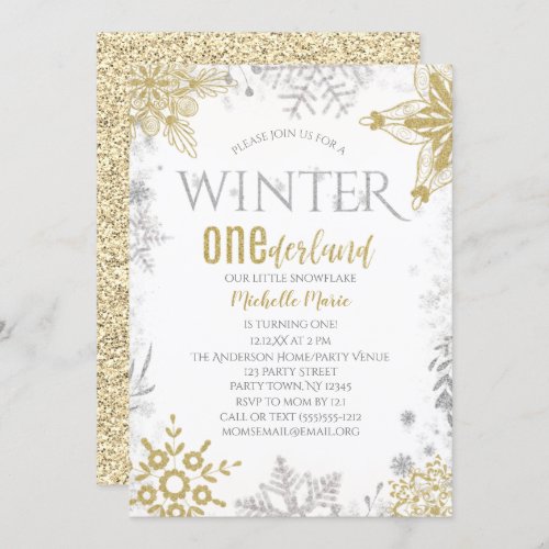 Winter Onederland Birthday Silver Gold Snowflake Invitation