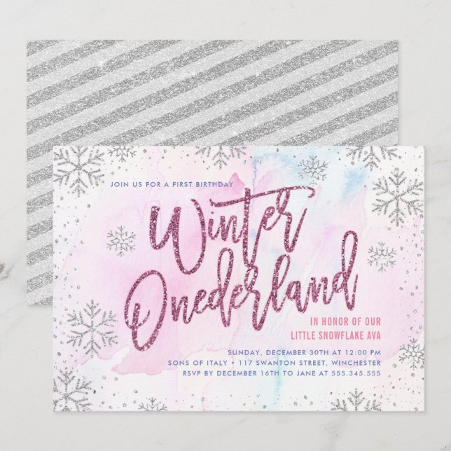 Winter ONEderland Birthday Silver Magenta Glitter Invitation (Front/Back)
