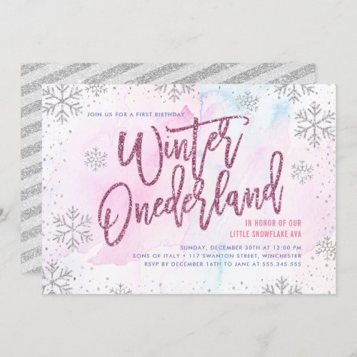 Winter ONEderland Birthday Silver Magenta Glitter Invitation