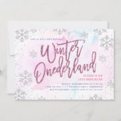 Winter ONEderland Birthday Silver Magenta Glitter Invitation (Front)