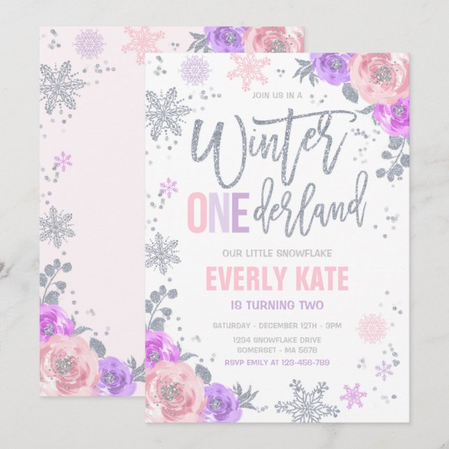 Winter ONEderland Birthday Silver Pink Snowflake Invitation (Front/Back)