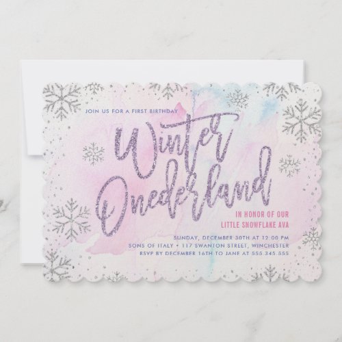 Winter ONEderland Birthday Silver Purple Pink Invitation