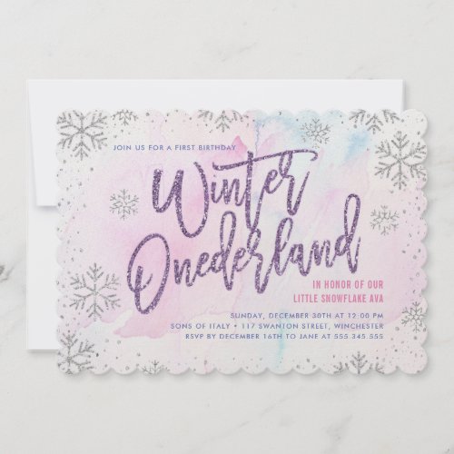 Winter ONEderland Birthday Silver Purple Pink Invitation