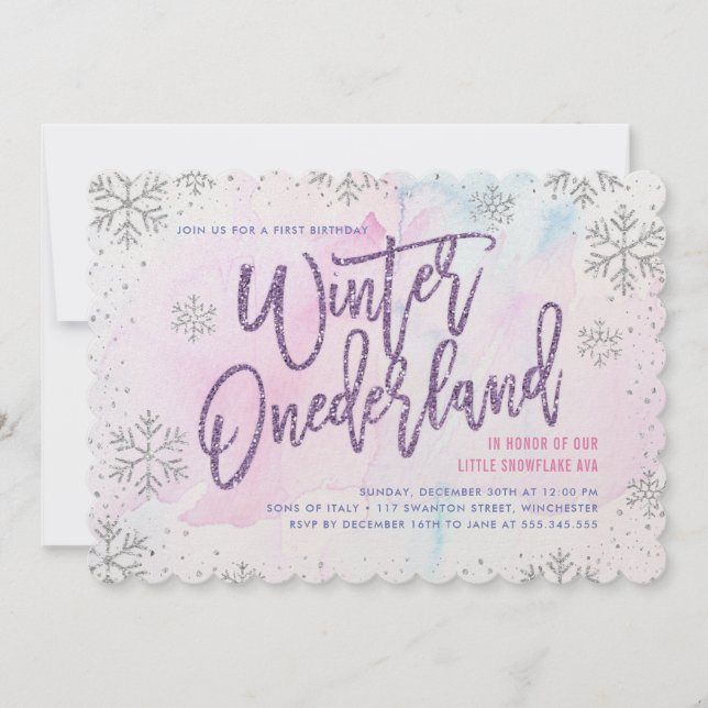 Winter ONEderland Birthday Silver Purple Pink Invitation (Front)