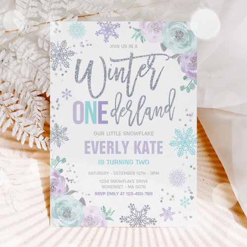 Winter ONEderland Birthday Silver Purple Snowflake Invitation