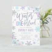 Winter ONEderland Birthday Silver Purple Snowflake Invitation (Standing Front)