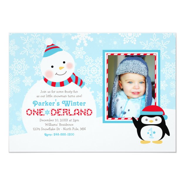 Winter ONEderland Birthday | Snowman And Penguin Invitation