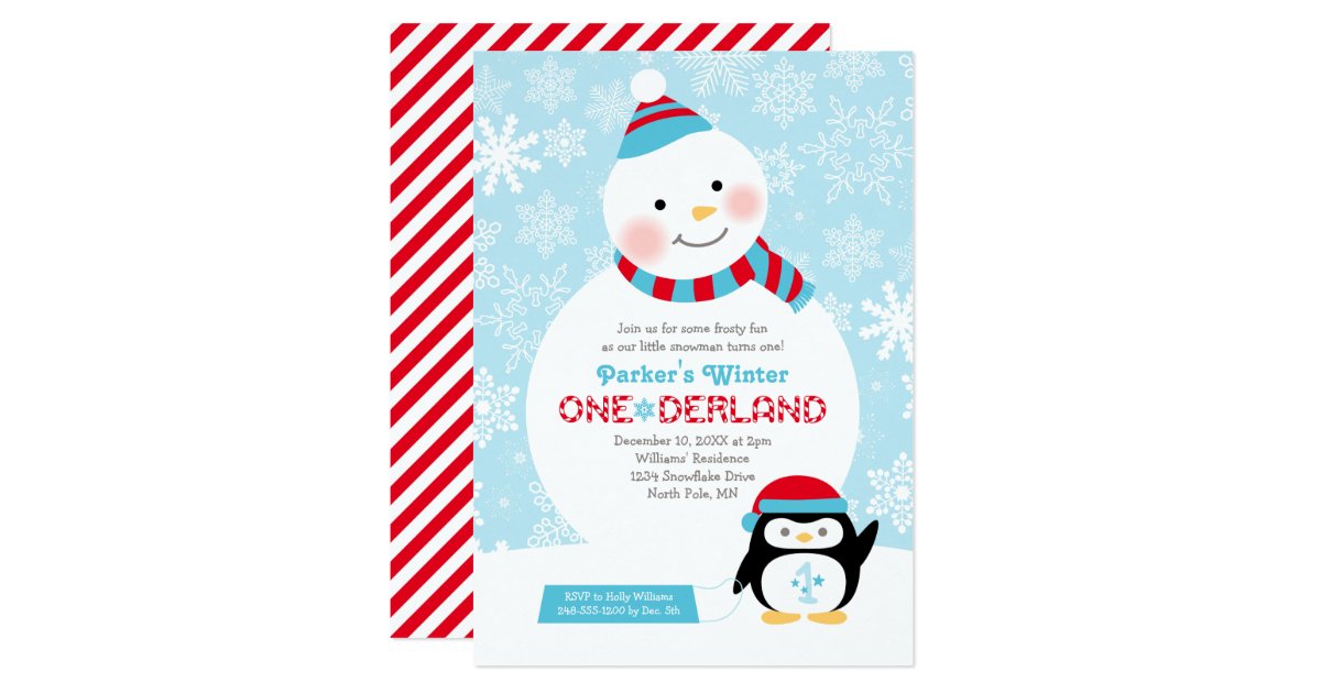 Winter Onederland Birthday Snowman And Penguin Invitation