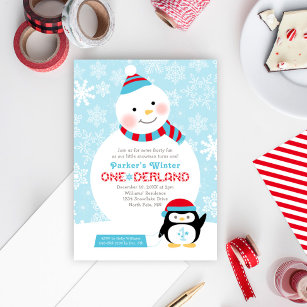 Winter ONEderland Birthday Snowman and Penguin Invitation