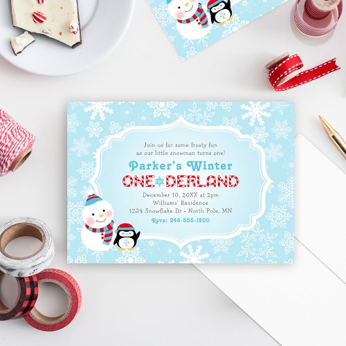 Winter ONEderland Birthday Snowman and Penguin Invitation