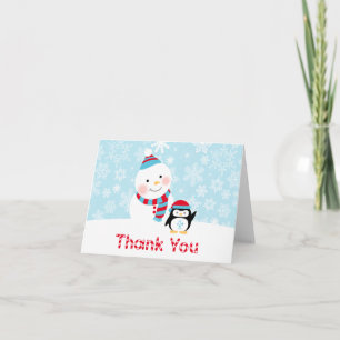 Winter ONEderland Birthday Snowman and Penguin Thank You Card