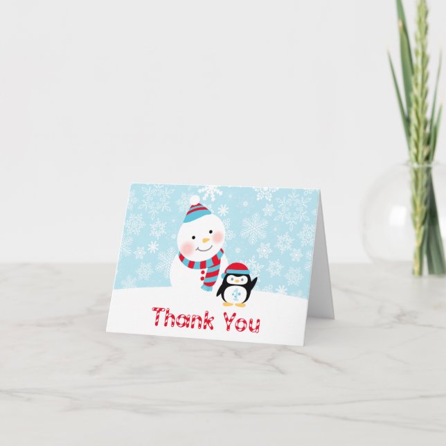 Winter ONEderland Birthday Snowman and Penguin Thank You Card (Front)