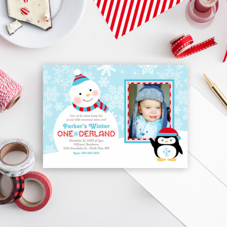 Winter Onederland Birthday Snowman Penguin Photo Invitation
