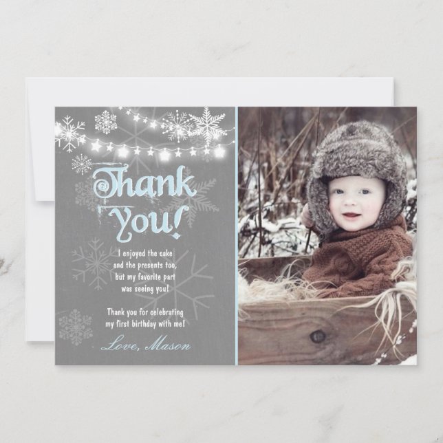 Winter ONEderland Birthday Thank you Card Boy Blue (Front)