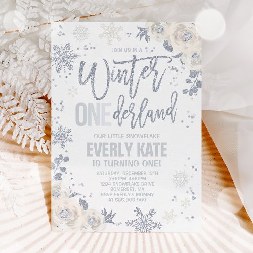 Winter ONEderland Birthday White And Silver Floral Invitation