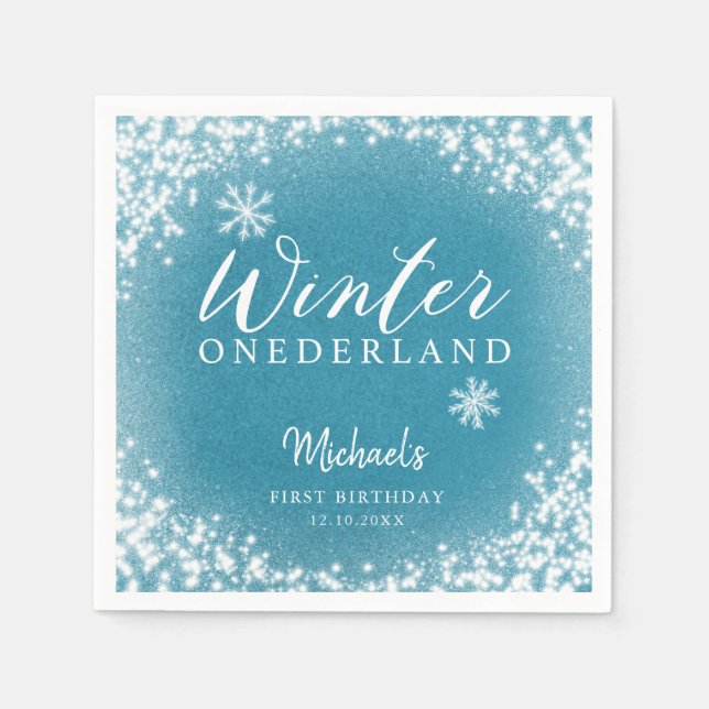 Winter Onederland Blue 1st Birthday Party Napkins (Front)