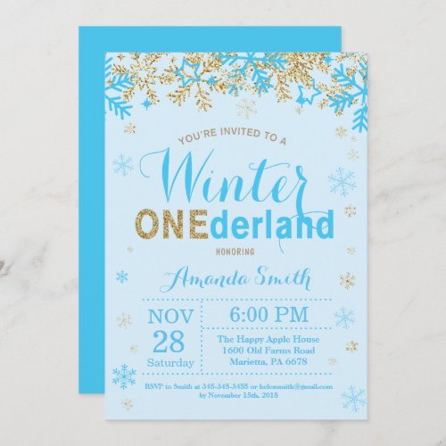Winter Onederland Blue and Gold Boy 1st Birthday Invitation