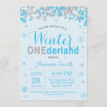Winter Onederland Blue and Silver Boy 1st Birthday Invitation