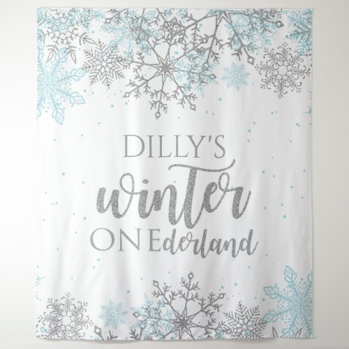 Winter Onederland Blue and Silver Snowflake Tapestry