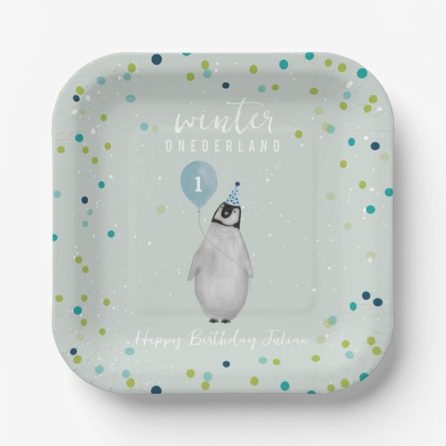 Winter Onederland Blue Balloon Penguin Birthday Paper Plates (Front)