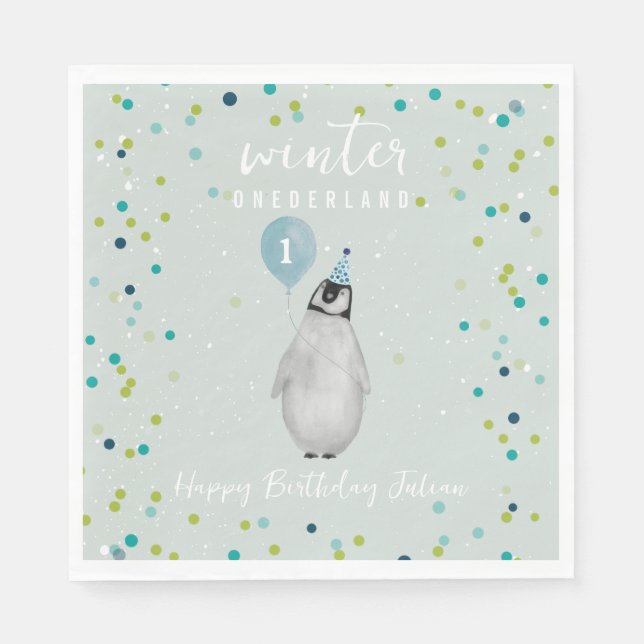 Winter Onederland Blue Birthday Balloon Penguin Napkins (Front)