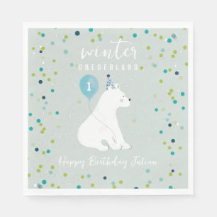 Winter Onederland Blue Birthday Balloon Polar Bear Napkins