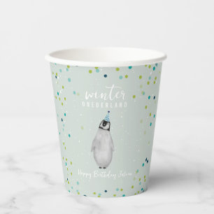 Winter Onederland Blue Birthday Penguin Confetti Paper Cups