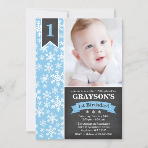 Winter Onederland Blue Boy 1st Birthday Invitation