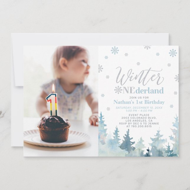 Winter Onederland  Blue Boy 1st Birthday Photo Invitation (Front)