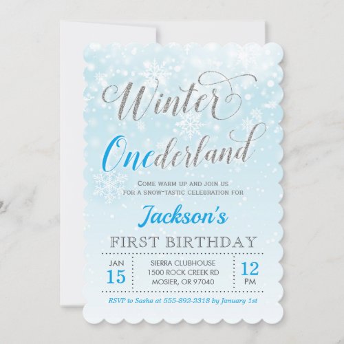 Winter Onederland Blue Boy First Birthday Party Invitation