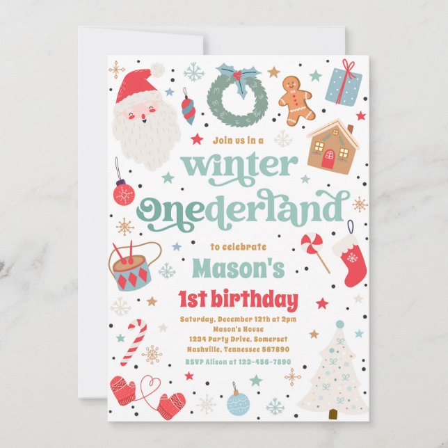 Winter ONEderland Blue Christmas Birthday Party Invitation (Front)