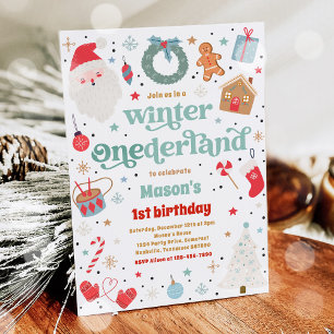 Winter ONEderland Blue Christmas Birthday Party Invitation