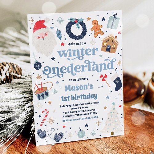 Winter ONEderland Blue Christmas Birthday Party Invitation