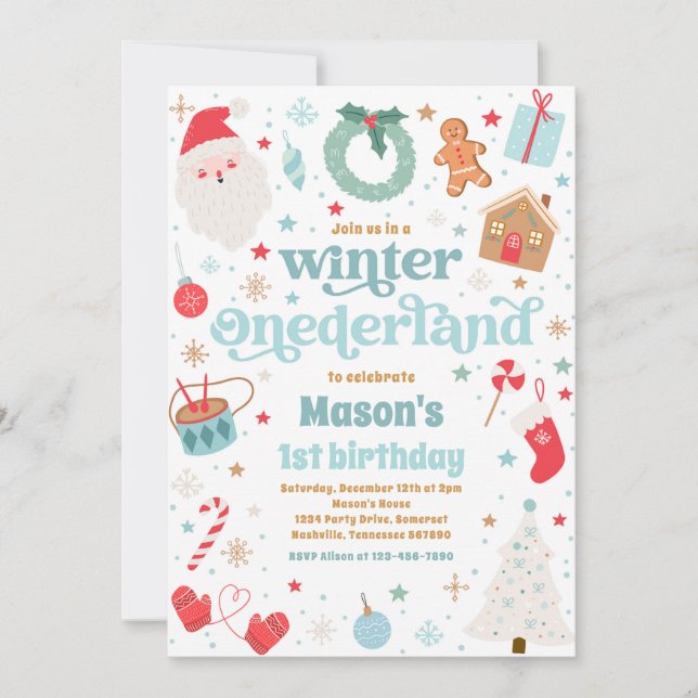 Winter ONEderland Blue Christmas Birthday Party Invitation (Front)