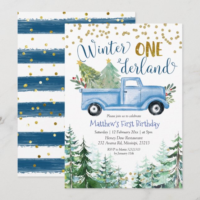Winter Onederland Blue Christmas Truck Birthday Invitation (Front/Back)