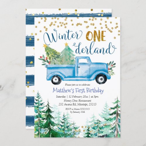 Winter Onederland Blue Christmas Truck Birthday Invitation