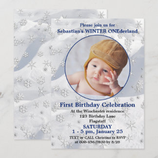 Winter ONEderland Blue First Birthday Snowflake Invitation