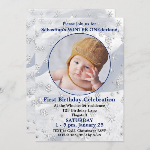 Winter ONEderland Blue First Birthday Snowflake Invitation