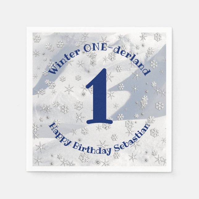 Winter ONEderland Blue First Birthday Snowflakes Napkins (Front)