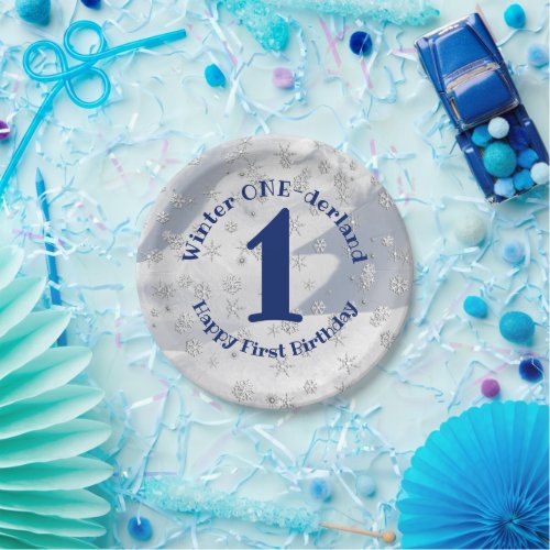 Winter ONEderland Blue First Birthday Snowflakes Paper Plates