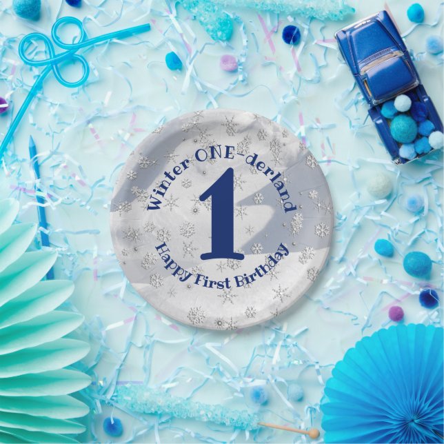 Winter ONEderland Blue First Birthday Snowflakes Paper Plates (Party)