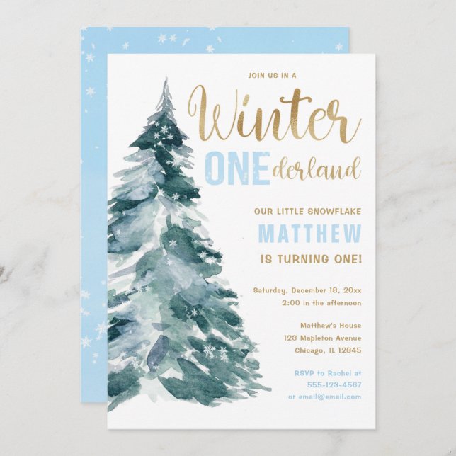 Winter ONEderland blue gold boy 1st birthday Invitation (Front/Back)