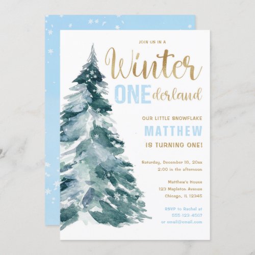 Winter ONEderland blue gold boy 1st birthday Invitation